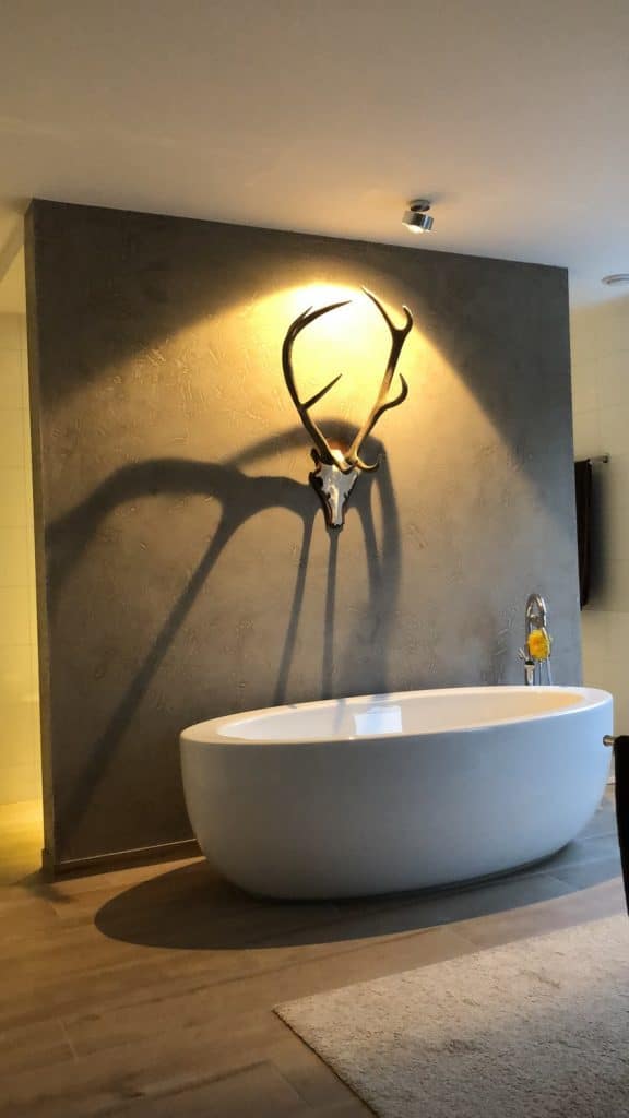 Ein modernes Badezimmer vom Malerfachbetrieb Stein verfügt über eine freistehende weiße Wanne, eine graue Akzentwand und ein über der Wanne angebrachtes Geweih, das im Scheinwerferlicht dramatische Schatten wirft. Ein Handtuch und Badaccessoires sind in der Nähe zu sehen.